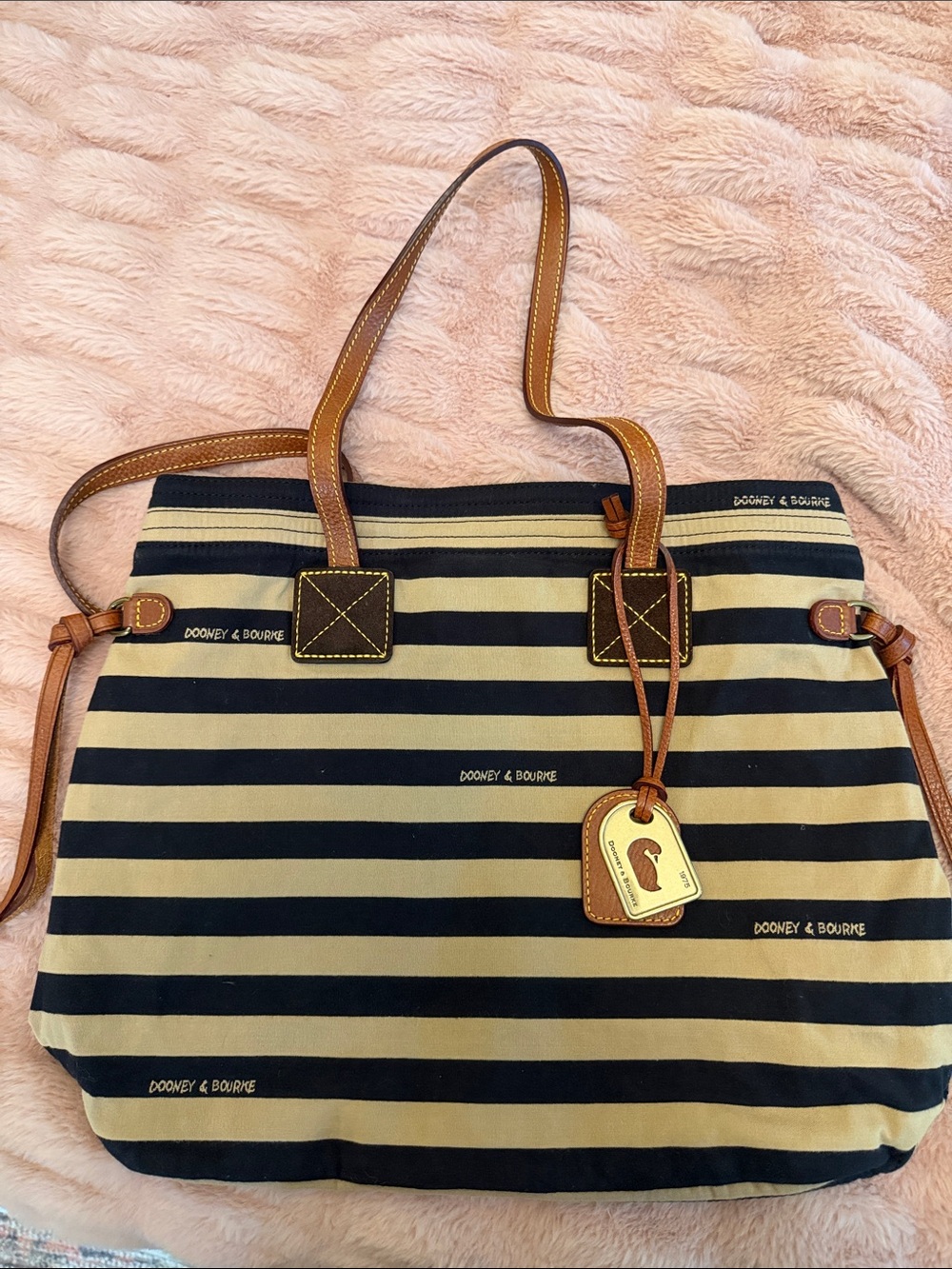 Dooney & Bourke Black and Tan Striped Canvas Tote with Leather Trim